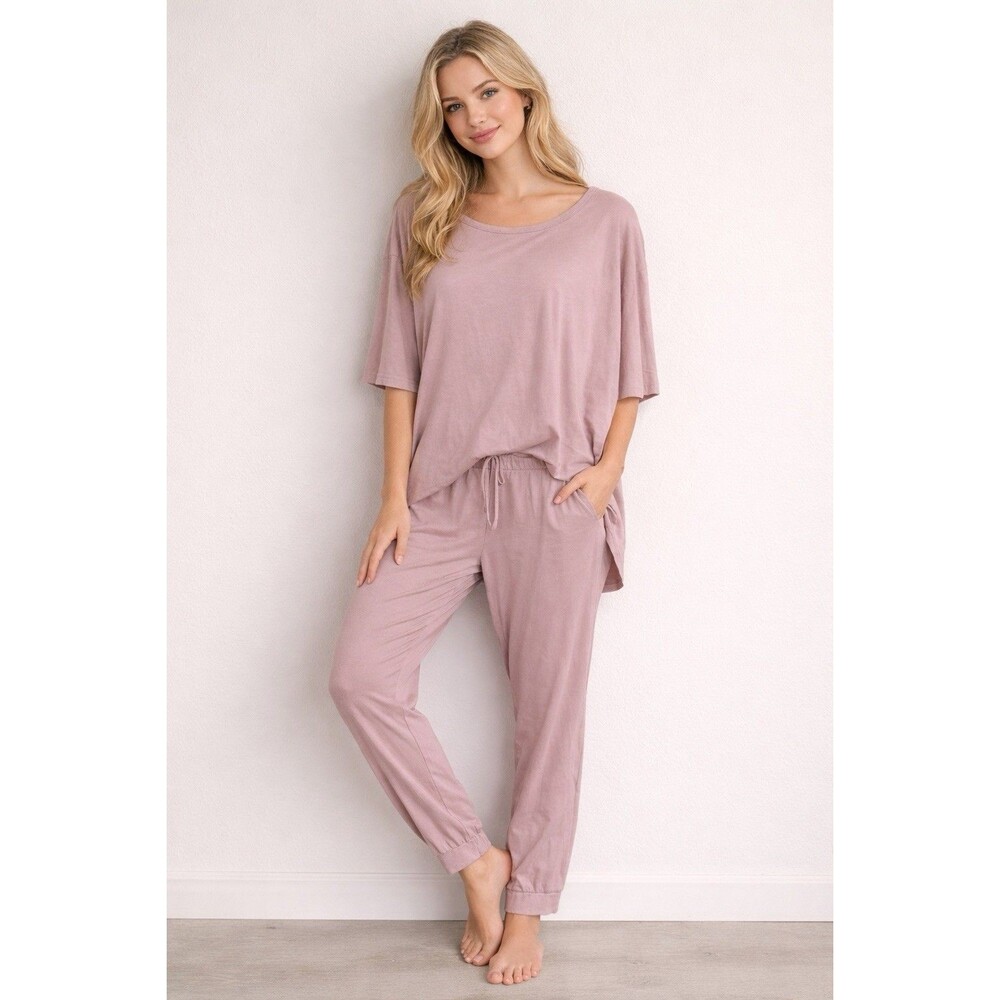 Cuyana Organic Pima Cotton 2 Piece Lounge Set Pink Asymmetrical Top Jogger Large